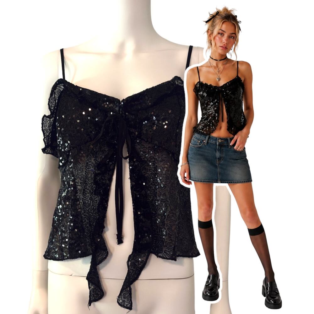 Black Sequin Crop Top Cami Bustier Size Large Glam Dark Fairy Whimsigoth Rave